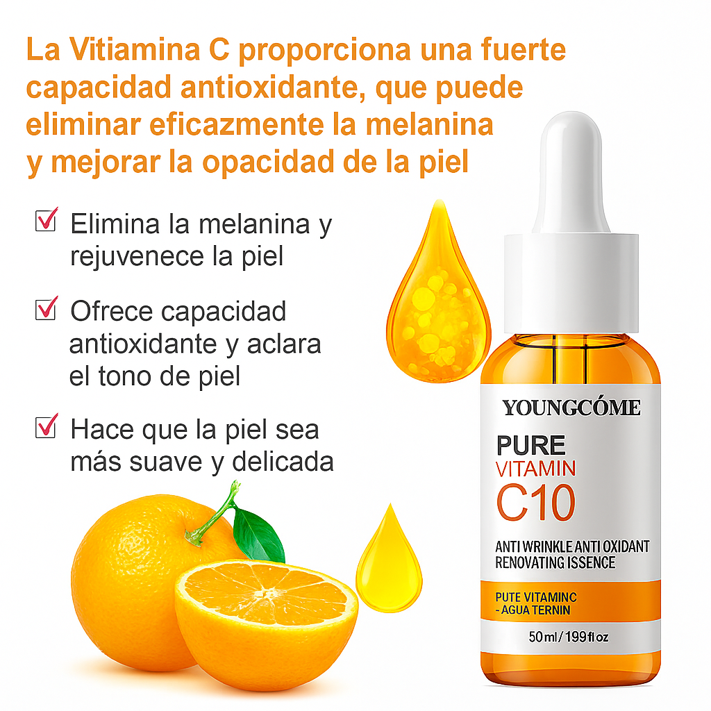 Esencia facial con vitamina C y ácido hialurónico.