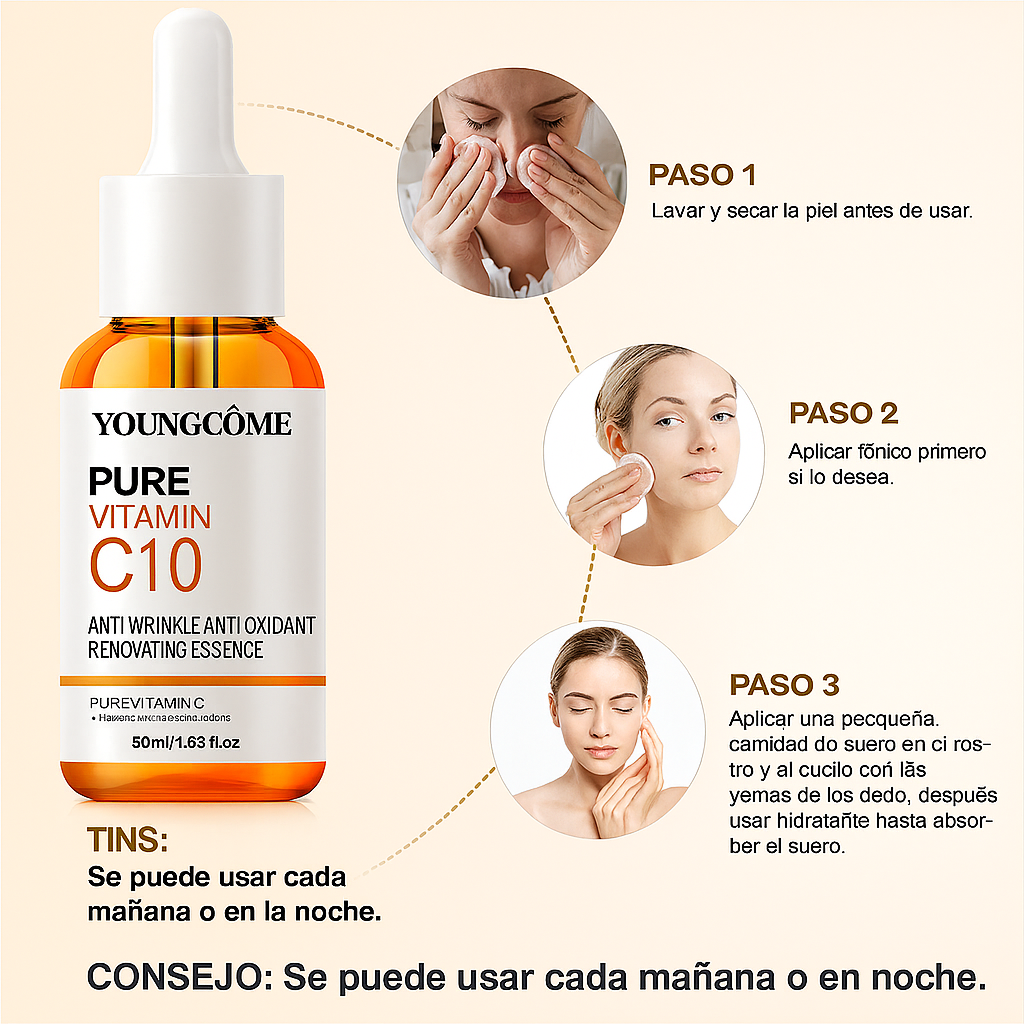 Esencia facial con vitamina C y ácido hialurónico.