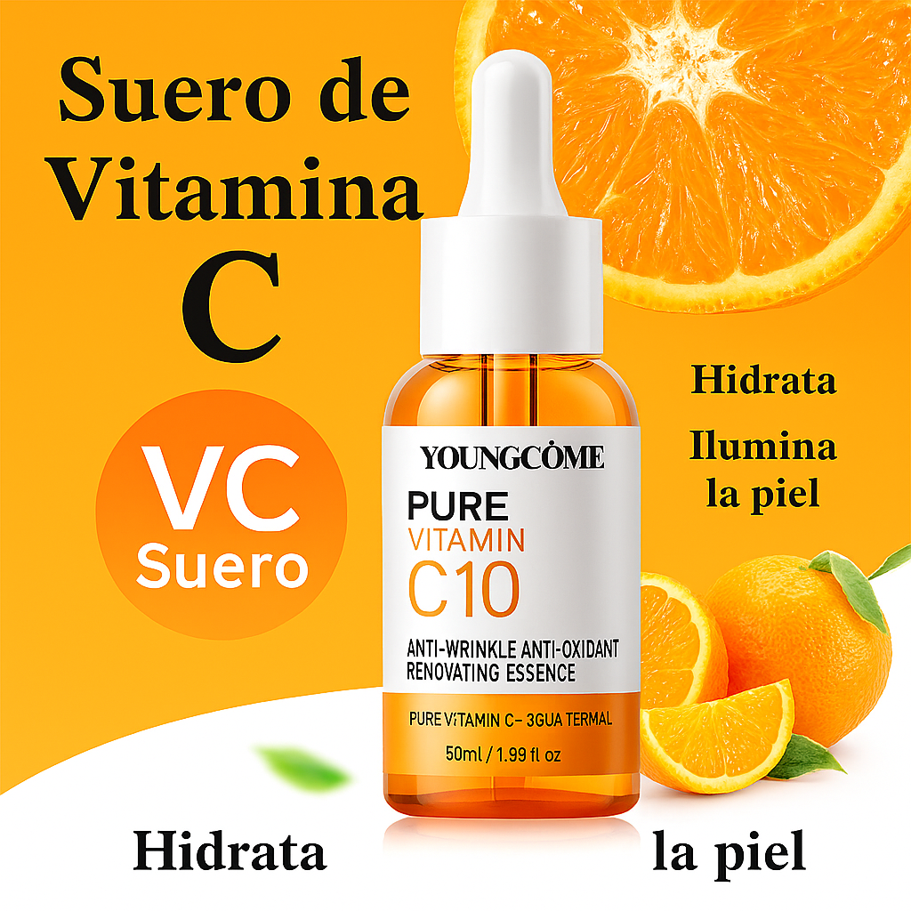 Esencia facial con vitamina C y ácido hialurónico.