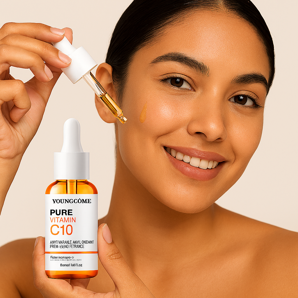 Esencia facial con vitamina C y ácido hialurónico.